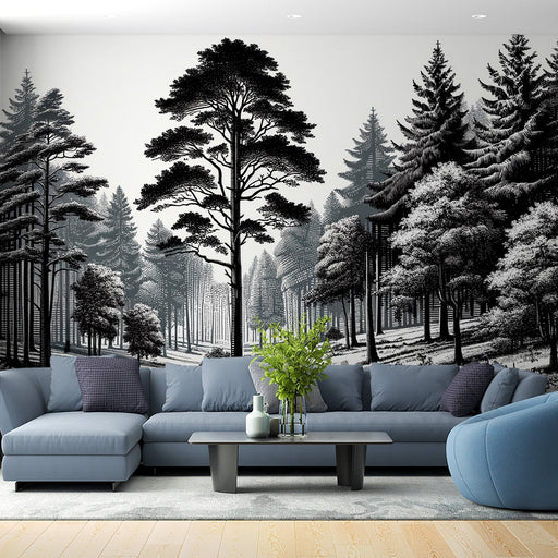 Black and White Tree Wallpaper Mural | Firs, Trees, and Shrubs - Carving wallpaper