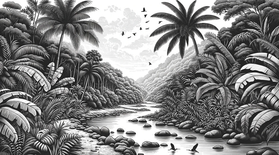 Black and white tropical jungle wallpaper mural | Rivers winding through the jungle - Carving wallpaper