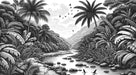 Black and White Tropical Jungle Wallpaper Mural | Vintage River Landscape with Palm Trees and Birds