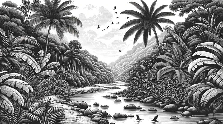 Black and White Tropical Jungle Wallpaper Mural | Vintage River Landscape with Palm Trees and Birds