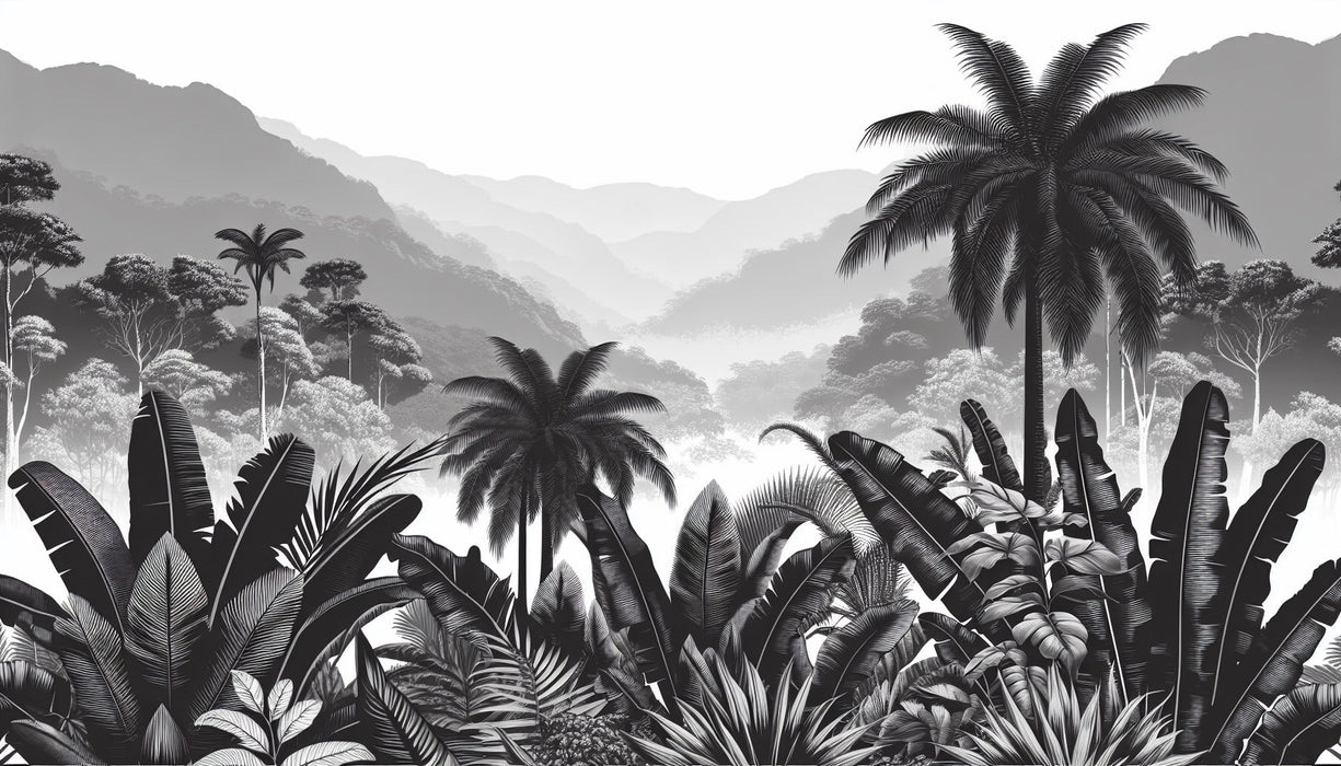 Black and white tropical landscape wallpaper mural | Jungle Mountains - Carving wallpaper