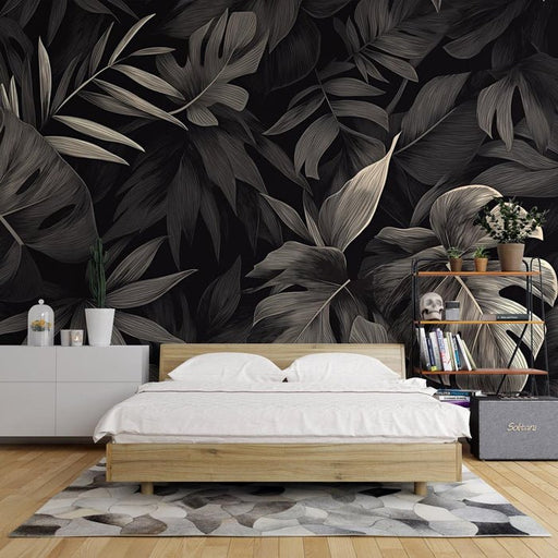 Black and white tropical leaf wallpaper mural | Dark plants - Carving wallpaper