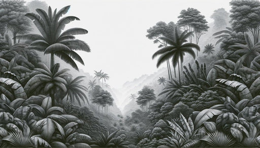 Black and white tropical rainforest wallpaper mural | Jungle plants - Carving wallpaper