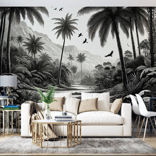 Black and white tropical wallpaper mural | Tropical mountains and rivers with birds - Carving wallpaper