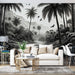 Black and white tropical wallpaper mural | Tropical mountains and rivers with birds - Carving wallpaper
