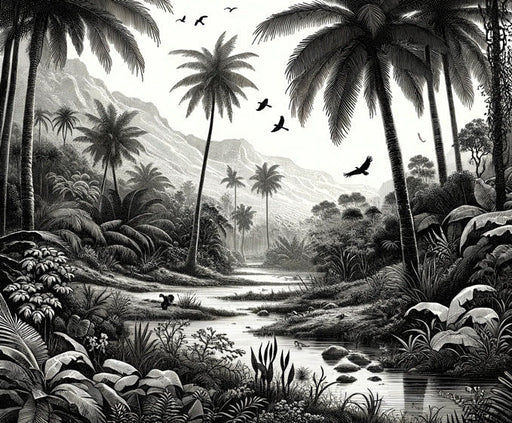 Black and white tropical wallpaper mural | Tropical mountains and rivers with birds - Carving wallpaper