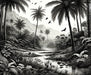 Black and white tropical wallpaper mural | Tropical mountains and rivers with birds - Carving wallpaper