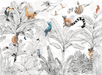 Black and white tropical wallpaper with colorful animals for children's rooms - Carving wallpaper