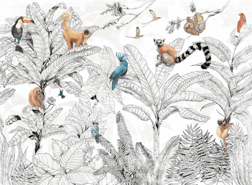 Black and white tropical wallpaper with colorful animals for children's rooms - Carving wallpaper