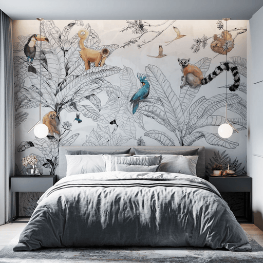 Black and white tropical wallpaper with colorful animals for children's rooms - Carving wallpaper