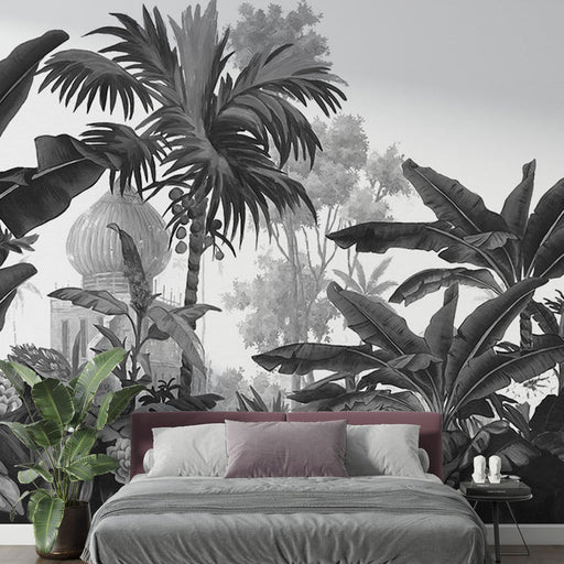 Black and white wallpaper | Coconut and banana trees - Carving wallpaper