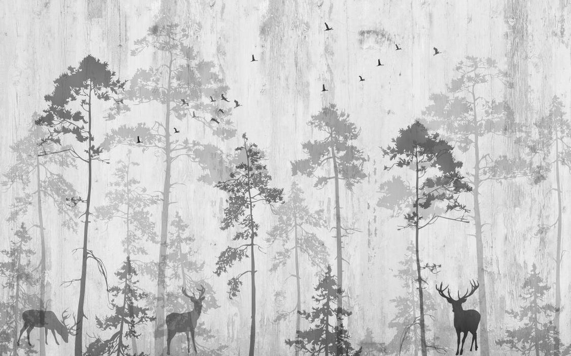 Black and white wallpaper mural | Forest and fog - Carving wallpaper