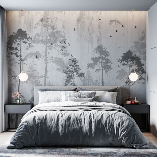 Black and white wallpaper mural | Forest and fog - Carving wallpaper