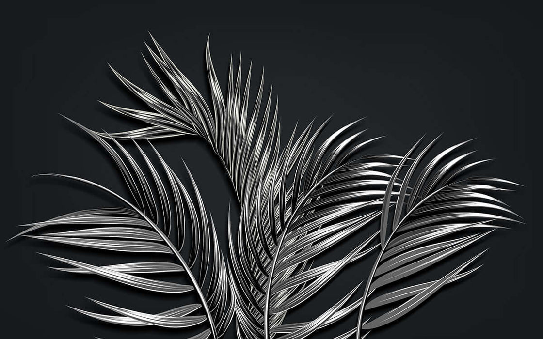 Black background silver palm wallpaper mural | Unique artistic atmosphere