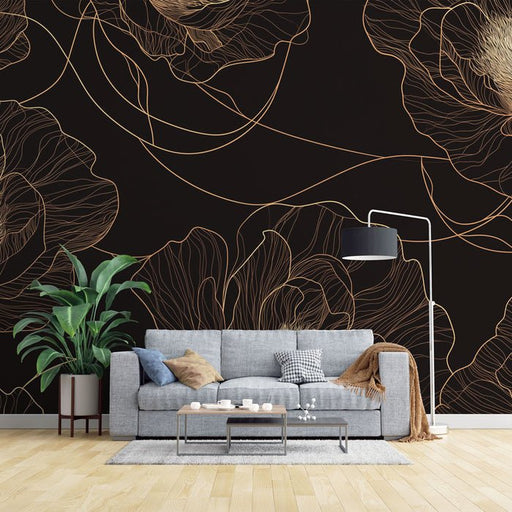 Black gold floral line wallpaper mural | Abstract floral patterns - Carving wallpaper