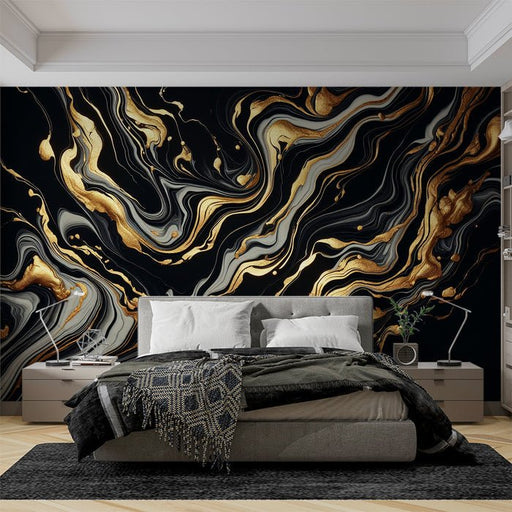 Black Gold Fluid Wallpaper Mural | Modern Abstract - Carving wallpaper