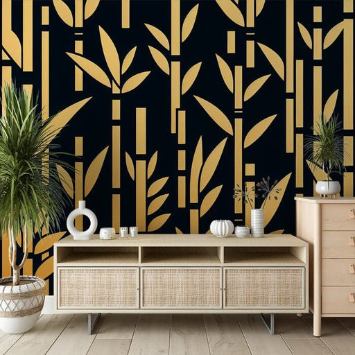 Black Gold Geometric Bamboo Wallpaper Mural - Luxe Botanical Design for Bedroom & Living Room