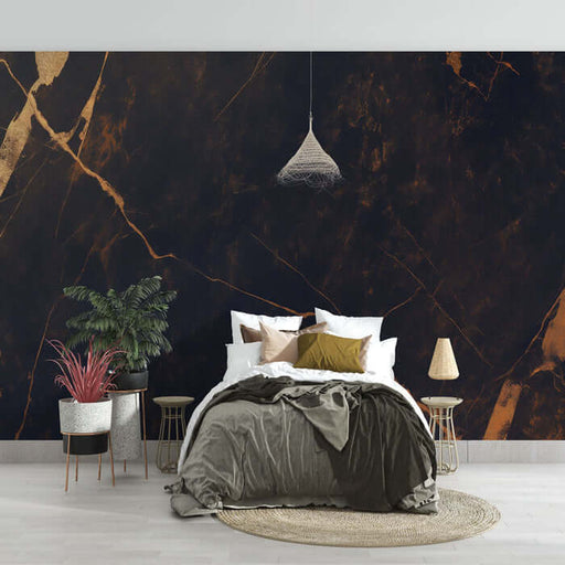 Black gold marble patterned wallpaper mural | Luxury decorative wall in living room and bedroom - bedroom scene with dark marble wall, bed, and stylish decor