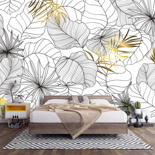 Black gold plant line style wallpaper | Living room bedroom decorative wall - luxurious light luxury plant dream with black gold filter
