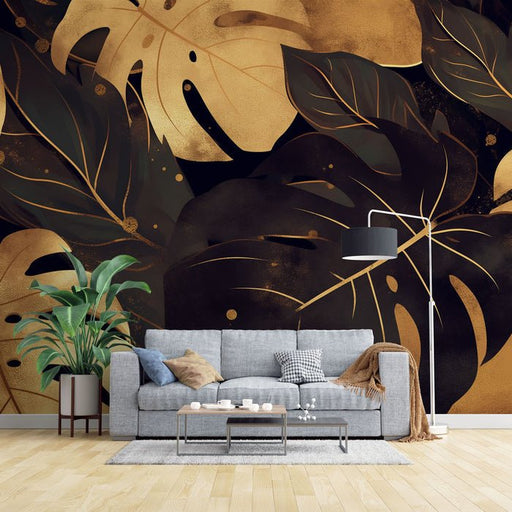Black Gold Tropical Plant Wallpaper Mural | Leaves - Carving wallpaper