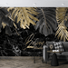 Black gold tropical wallpaper mural | marble background with gold leaves - Carving wallpaper