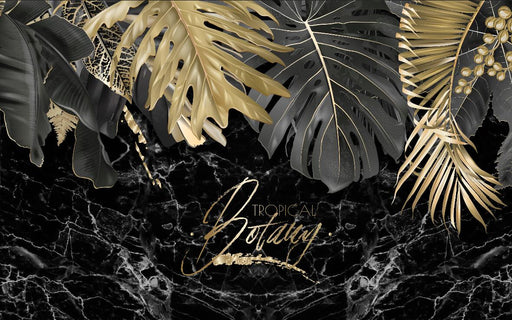 Black gold tropical wallpaper mural | marble background with gold leaves - Carving wallpaper