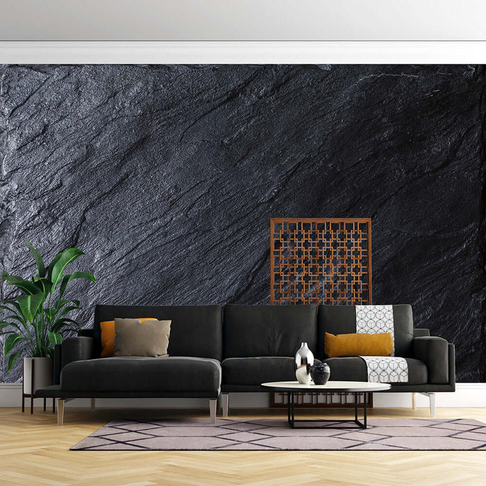 Black Stone Pattern Wallpaper Mural | Texture Space Renovation - luxurious black slate texture wall mural in modern living room with sofa, plants, and geometric decor