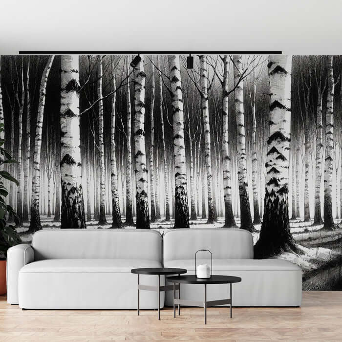 Black & White Birch Forest Wallpaper Mural | Artistic Monochrome Decor for Study & Living Room