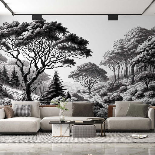 Transform your home with this exquisite black & white forest wallpaper mural—where art meets nature.