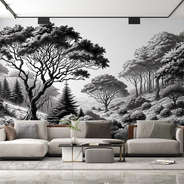 Transform your home with this exquisite black & white forest wallpaper mural—where art meets nature.