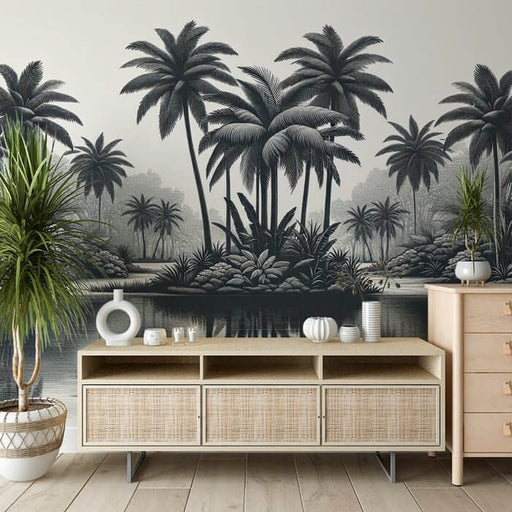 Black & White Palm Tree Wallpaper Mural – Tropical Elegance for Bedroom & Living Room