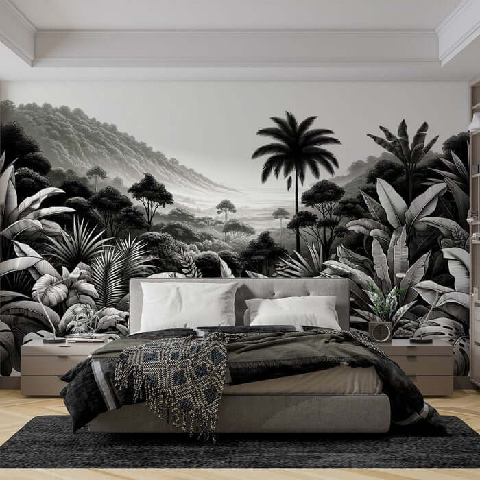Black & White Tropical Botanical Wallpaper Mural - Vintage Palm Leaf Jungle Scene for Modern Interiors: monochrome bedroom mural with palm leaves, vintage line art, and serene mountain backdrop