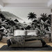 Black & White Tropical Botanical Wallpaper Mural - Vintage Palm Leaf Jungle Scene for Modern Interiors: monochrome bedroom mural with palm leaves, vintage line art, and serene mountain backdrop