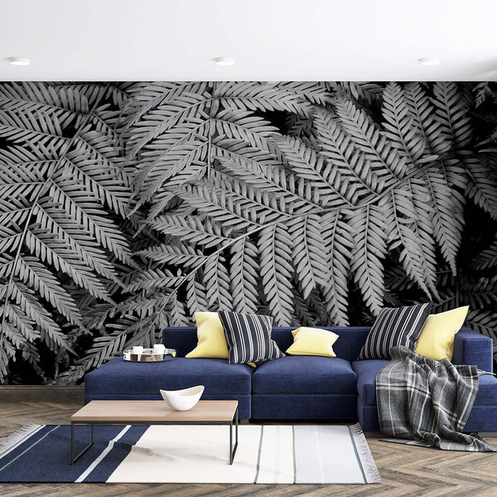 Black and white fern wallpaper | fern leaf decorative mural featuring striking monochrome fern leaves for a modern living room backdrop