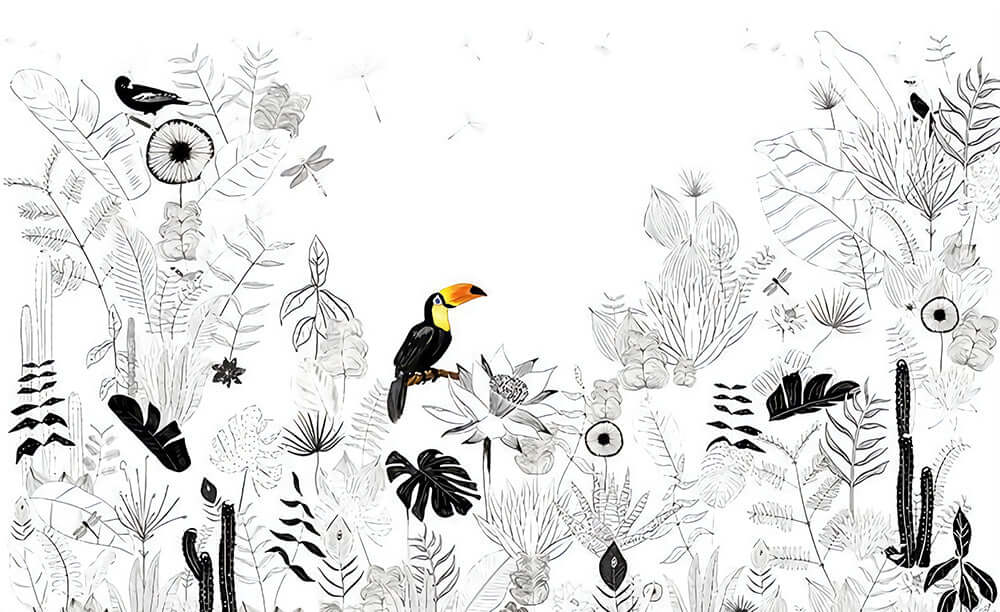 Black and white jungle hand-painted wallpaper | toucan themed mural