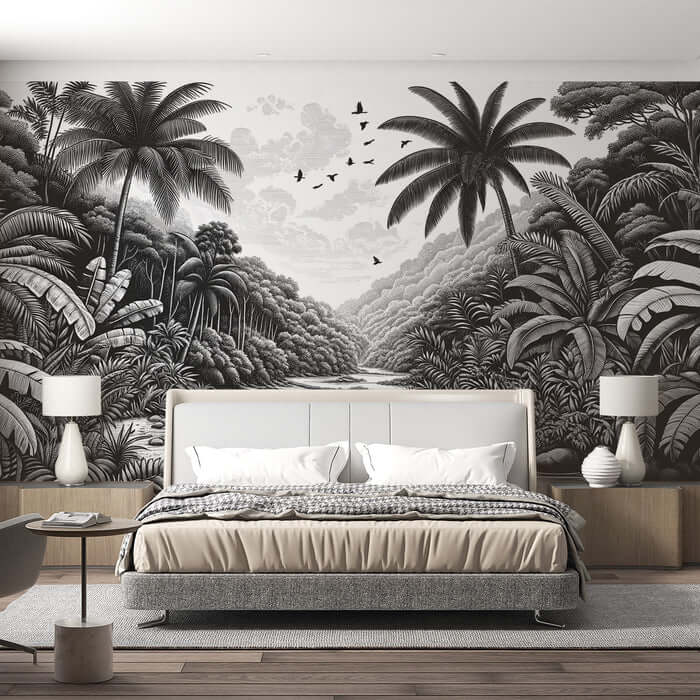 Black and White Tropical Jungle Wallpaper Mural | Vintage River Landscape with Palm Trees and Birds in a modern bedroom
