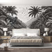 Black and White Tropical Jungle Wallpaper Mural | Vintage River Landscape with Palm Trees and Birds in a modern bedroom