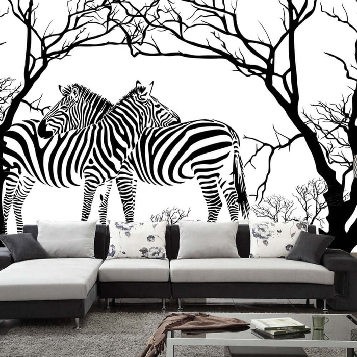 Black and white zebra art wallpaper mural | Grassland element wallpaper with minimalist line art of zebras by bare trees