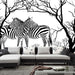 Black and white zebra art wallpaper mural | Grassland element wallpaper with minimalist line art of zebras by bare trees