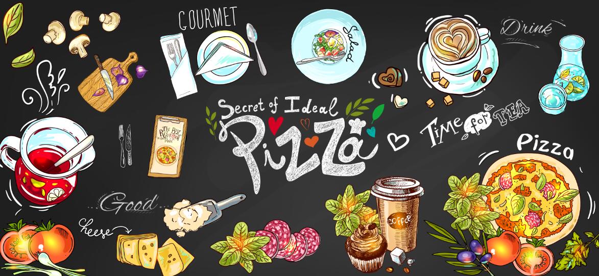Blackboard style wallpaper mural | Rich and diverse food patterns - Carving wallpaper
