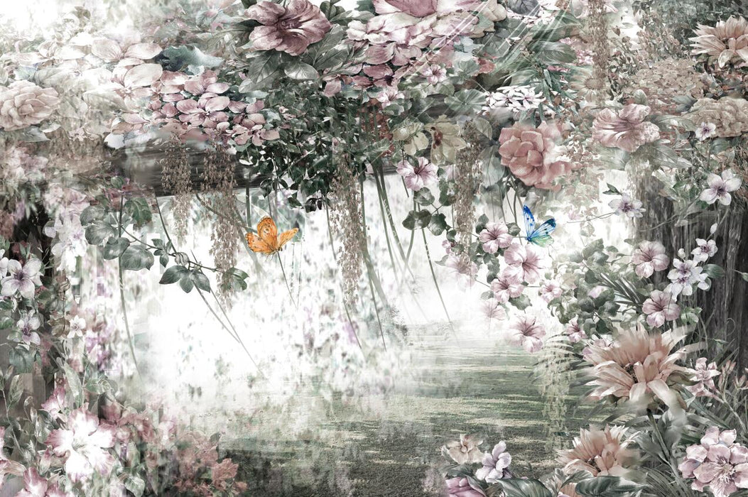 Blooming garden wallpaper mural | Flowers and butterflies embellish the romantic and dreamy atmosphere - Carving wallpaper