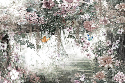 Blooming garden wallpaper mural | Flowers and butterflies embellish the romantic and dreamy atmosphere - Carving wallpaper