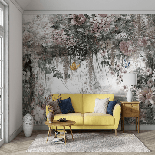 Blooming garden wallpaper mural | Flowers and butterflies embellish the romantic and dreamy atmosphere - Carving wallpaper