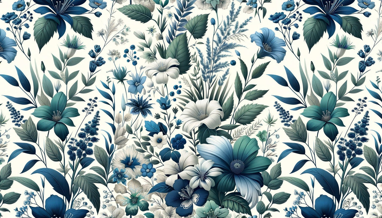 Blue and white floral wallpaper mural | Blue flowers and green leaves - Carving wallpaper