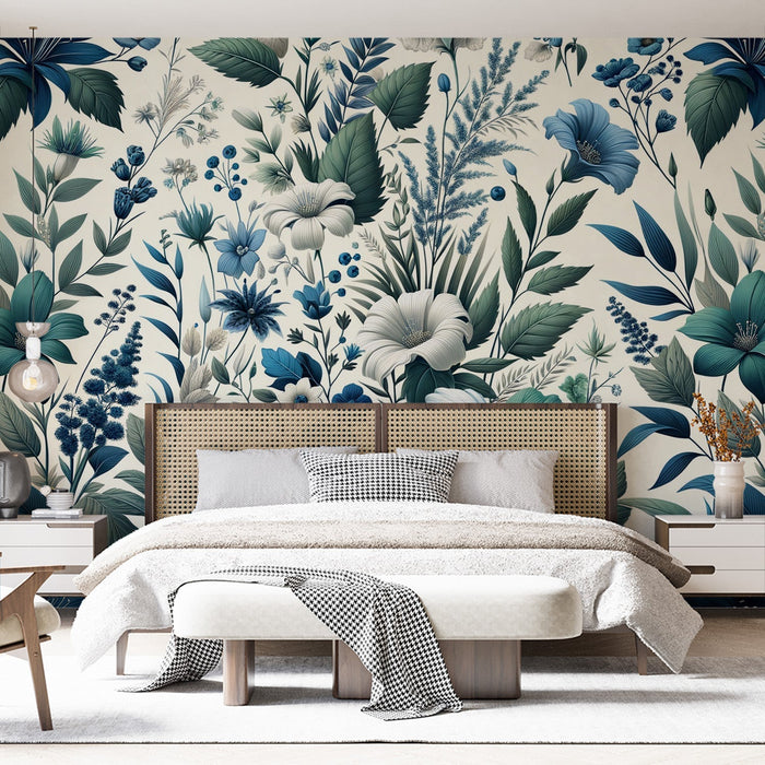 Blue and white floral wallpaper mural | Blue flowers and green leaves - Carving wallpaper