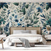Blue and white floral wallpaper mural | Blue flowers and green leaves - Carving wallpaper