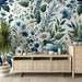 Blue and white floral wallpaper mural | Blue flowers and green leaves - Carving wallpaper