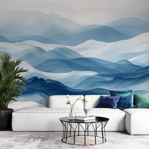 Blue and white gradient wallpaper mural | Wave lines abstract landscape artistic conception - Carving wallpaper