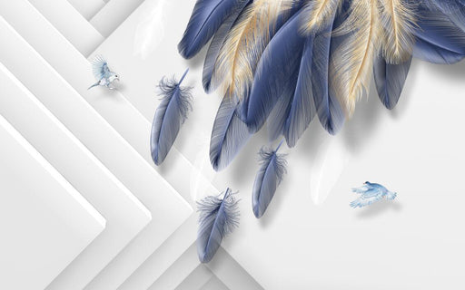 Blue and yellow feather wallpaper mural | simple and elegant geometric shapes - Carving wallpaper