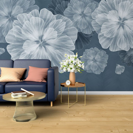 Blue floral wallpaper mural | panoramic view - Carving wallpaper